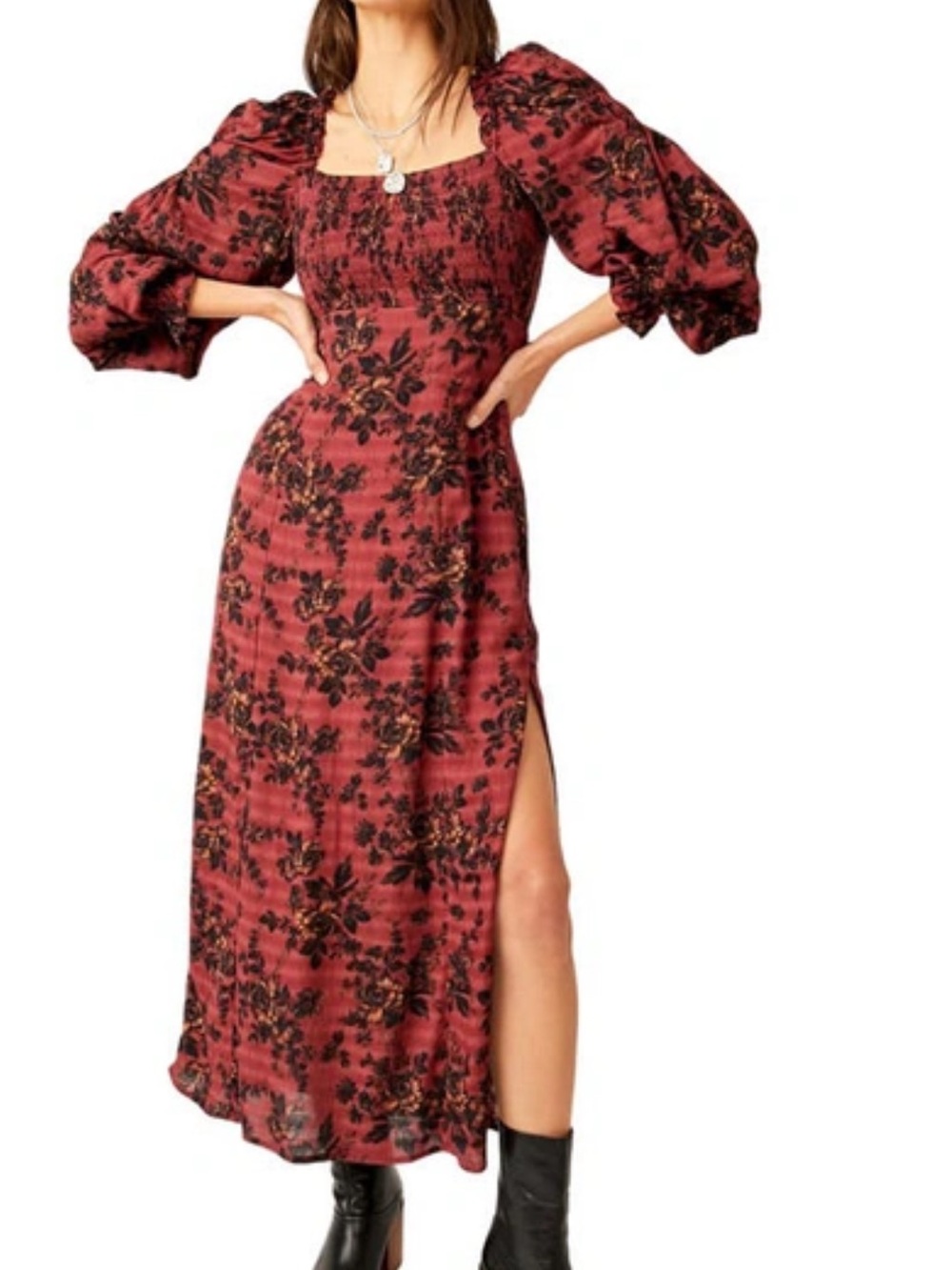 Free People Jaymes Midi/Maxi Long Sleeve Dress Burgundy Combo - Picture 3 of 6